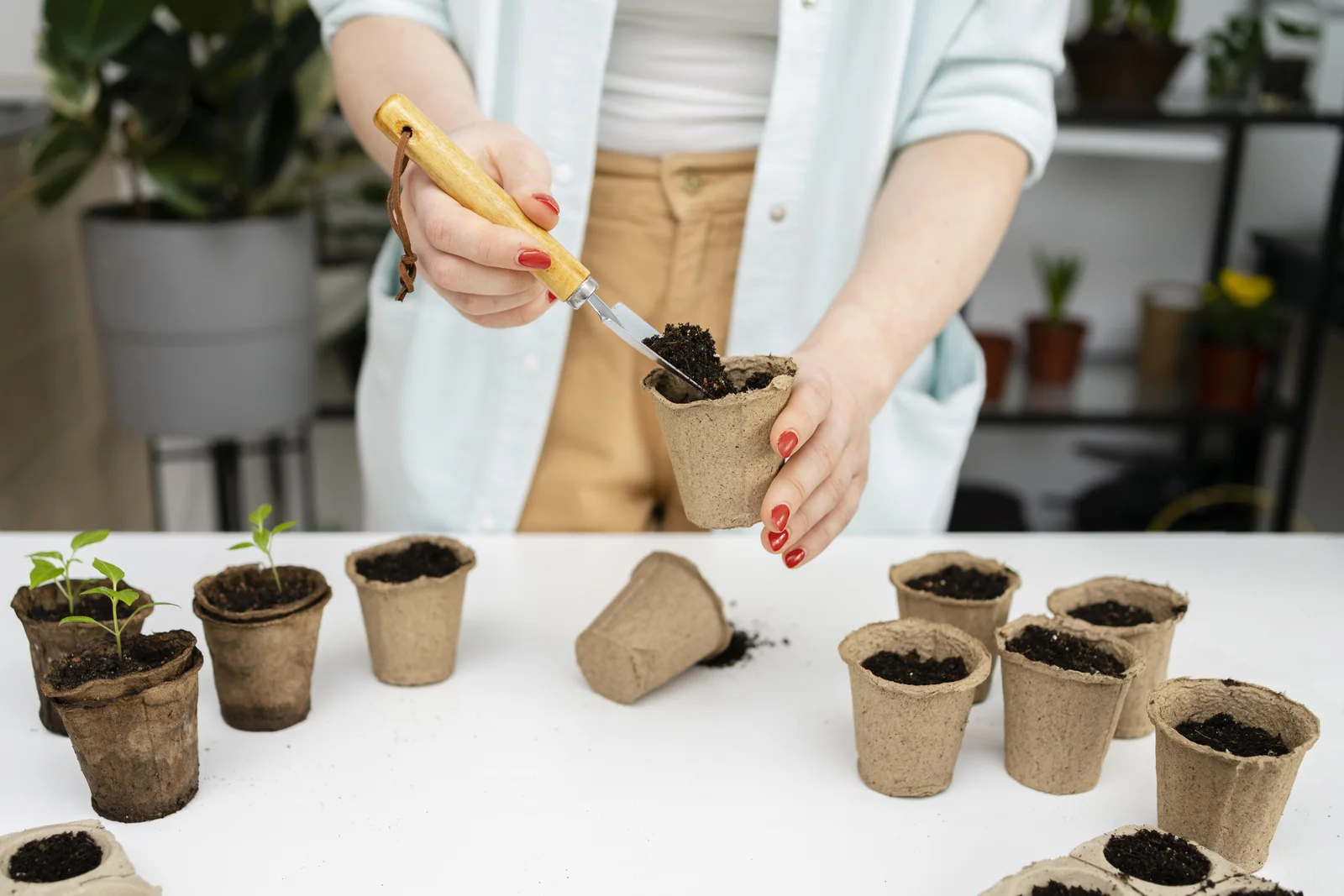 Filling peat pots with light seed starting mix